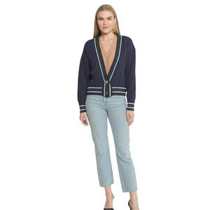 ALEXIA ADMOR Womens XS Navy Striped Cardigan‎ V Neck Gold Button Preppy